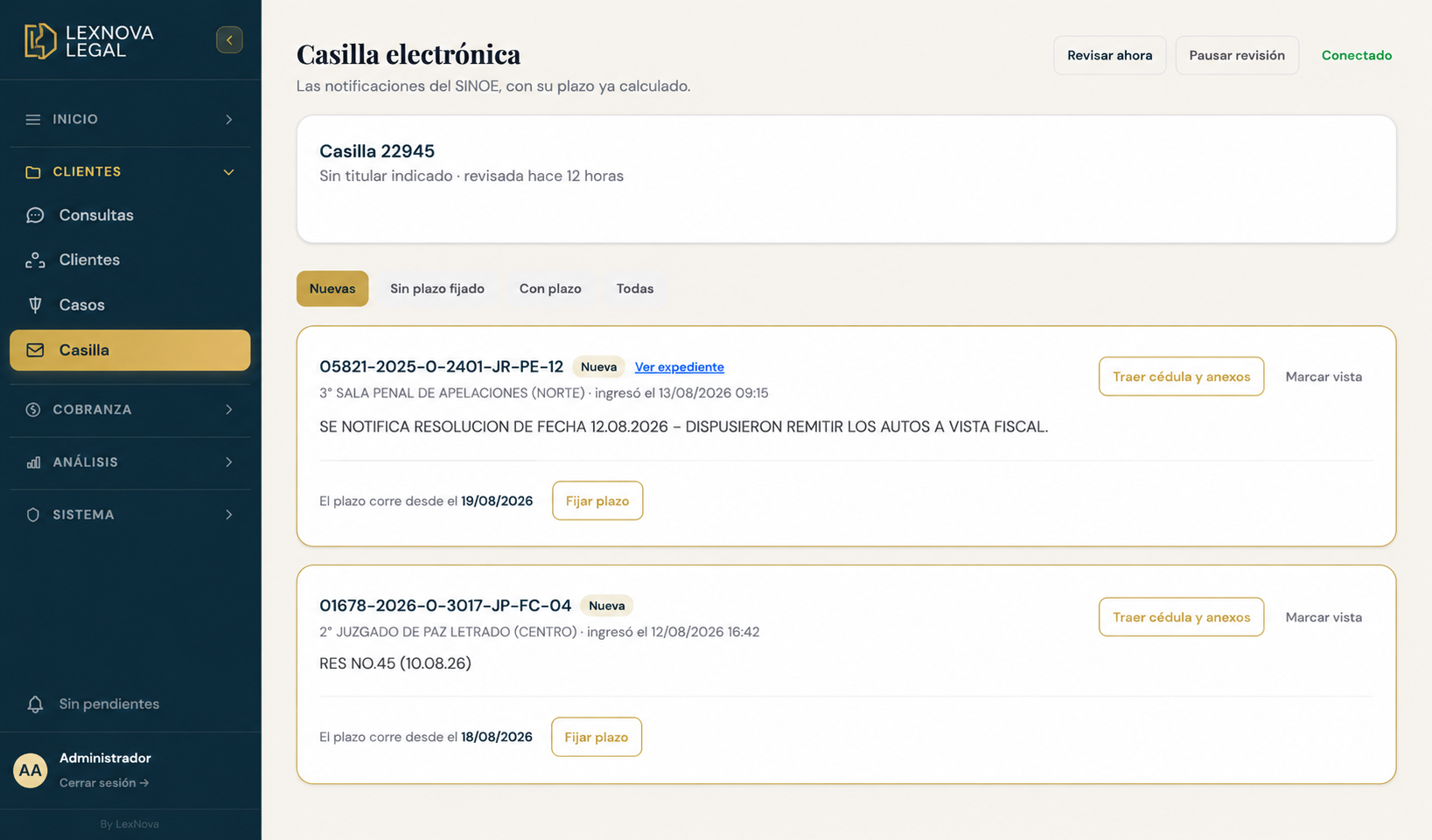 Pantalla de Casilla electrónica con notificaciones del SINOE y su plazo calculado